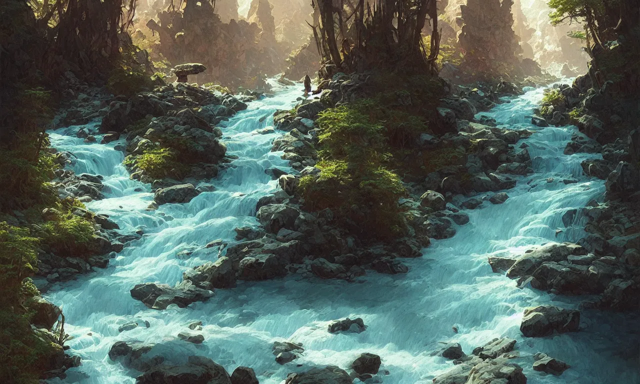 Image similar to Mountain river flows through a fantasy landscape gorge. A big blue lake in the middle of the mountains. Fabulous nature, amazing seascape, highly detailed, digital painting, artstation, concept art, smooth, sharp focus, illustration, art by greg rutkowski and alphonse mucha