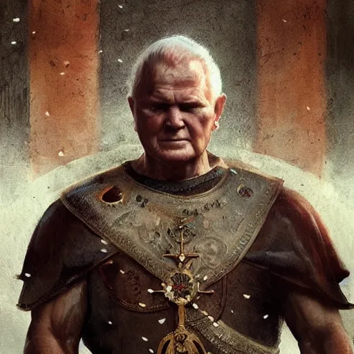 Image similar to john paul ii as a muscular warrior, epic art by greg rutkowski, realistic face