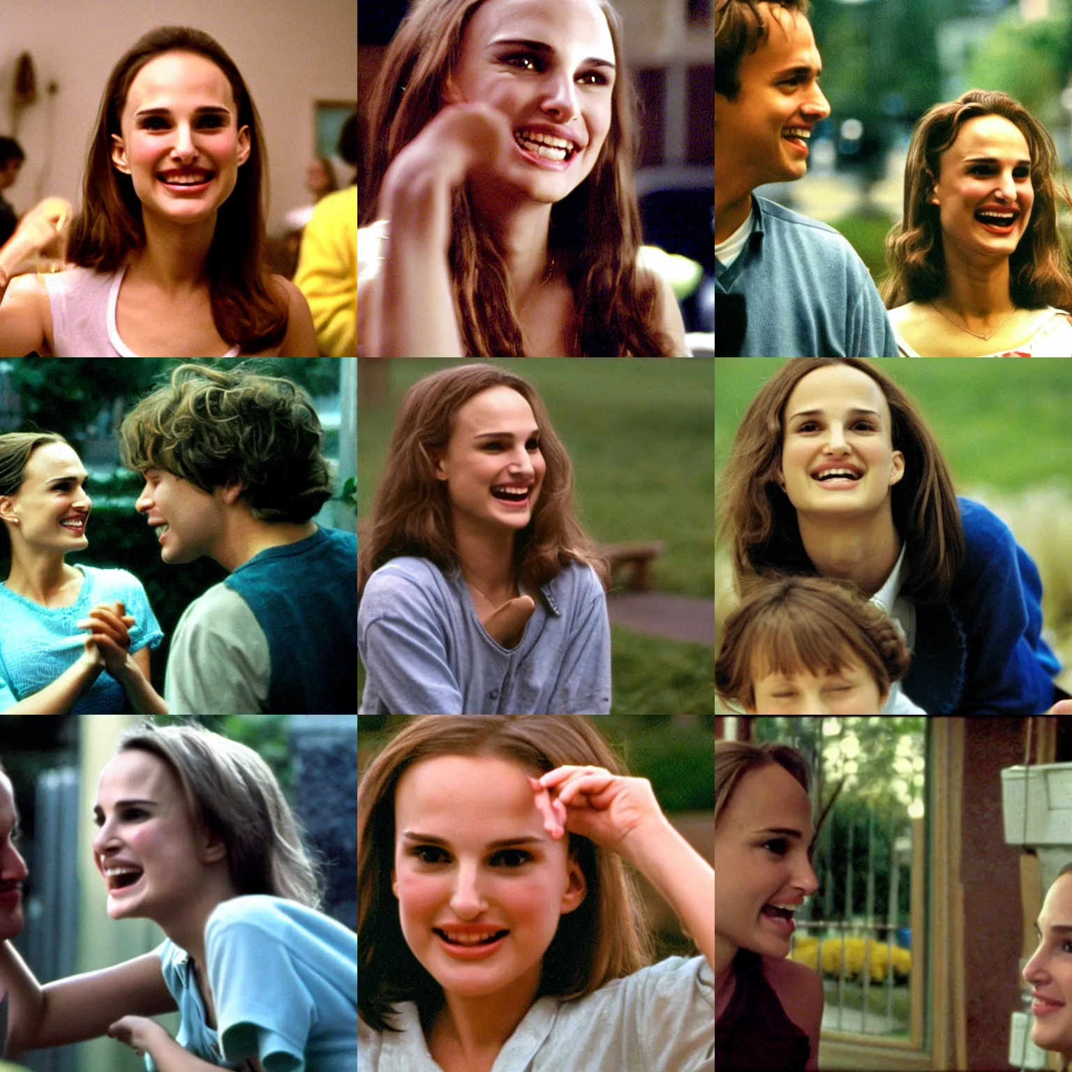 Prompt: sam ( young natalie portman ) is cheerfully blabing in garden state film, 2 0 0 4, 4 k