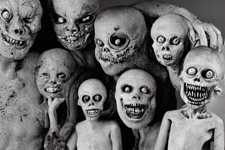 Prompt: studio portrait of a happy creepy mud clay family by bob bottin, horror grotesque, realistic detailed photography 1 9 7 0's