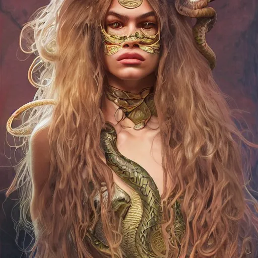 Image similar to Kaia Gerber as Medusa, frowning, scowl, snakes for hair, intricate, elegant, highly detailed, digital painting, artstation, concept art, smooth, sharp focus, illustration, art by artgerm and greg rutkowski and alphonse mucha