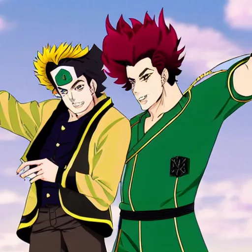 Prompt: Jotaro Kujo hanging out with Noriaki Kakyoin