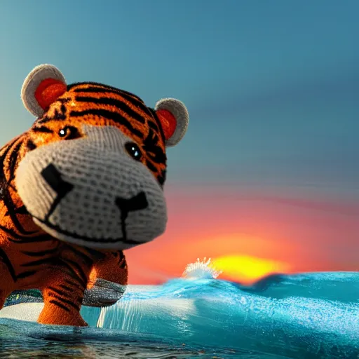 Image similar to a closeup photorealistic photograph of a cute smiling knitted tiger hippopotamus chasing a beachball at sunset. surf in the background. professional capture. this 4 k hd image is trending on artstation, featured on behance, well - rendered, extra crisp, features intricate detail, epic composition and the style of unreal engine.