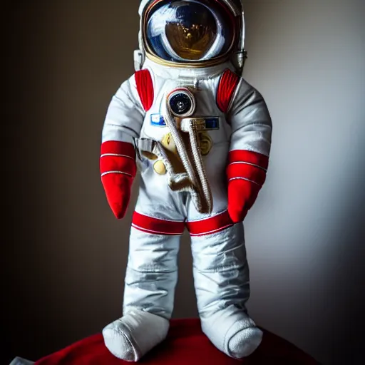 Image similar to Fumo plush of a Soviet cosmonaut, Vostok-1, EOS-1D, f/1.4, ISO 200, 1/160s, 8K, RAW, unedited, symmetrical balance, in-frame