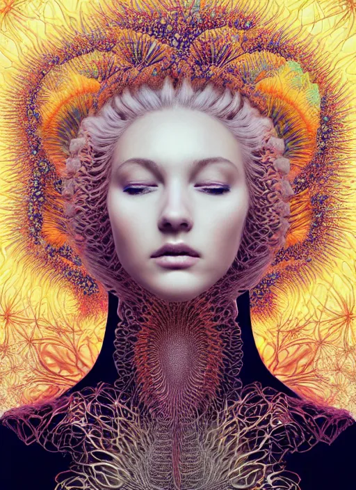 Prompt: ridiculously beautiful young woman tripping with blonde hair, coral fractals radiating from head with sacred geometry, natural, awakening, symmetrical, in the style of ernst haeckel, effervescent, warm, photo realistic, epic and cinematic,