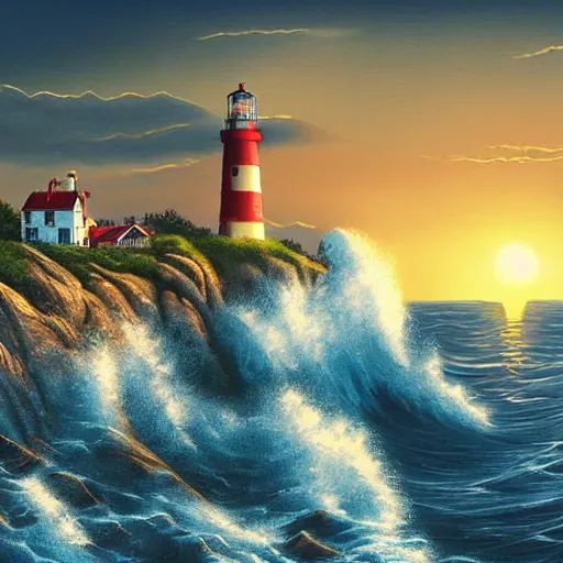 Prompt: lighthouse on a cliff with crashing waves, classic realism, golden hour