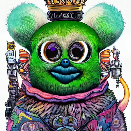 Prompt: Alien furby with a crown by James Jean and Zack Snyder