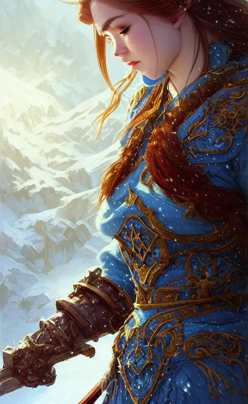 Image similar to azure viking warrior, regal, elegant, winter, snow, beautiful, stunning, hd, illustration, epic, d & d, fantasy, intricate, elegant, highly detailed, wide angle, digital painting, artstation, concept art, smooth, sharp focus, illustration, wallpaper, art by artgerm and greg rutkowski and alphonse mucha and jin xiaodi