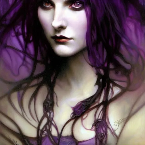 Image similar to dark goth queen with purple eyes, by jeremy mann and alphonse mucha, fantasy art, photo realistic, dynamic lighting, artstation, poster, volumetric lighting, very detailed faces, purple eyes, 4 k, award winning dark, goth, queen, dark fantasy, purple, hyperrealistic portrait, art of elysium, full figure, very detailed face,