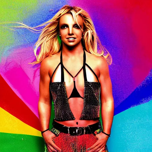 Image similar to a. Britney Spears album cover for a rainbow pop album