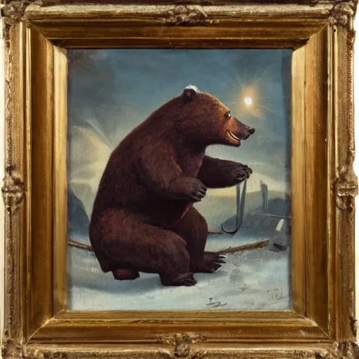 Image similar to oil painting of a socialist bear vowing to take down capitalism