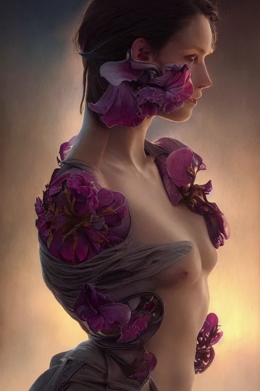 Image similar to ultra realistic illustration, beautiful feminine orchid, close up shot, cyberpunk, sci-fi, fantasy, intricate, elegant, highly detailed, digital painting, artstation, concept art, smooth, sharp focus, illustration, art by artgerm and greg rutkowski and alphonse mucha, rene magritte, surrealism