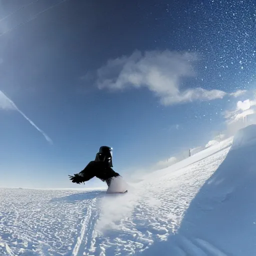 Prompt: photo of darth vader snowboarding, gopro camera