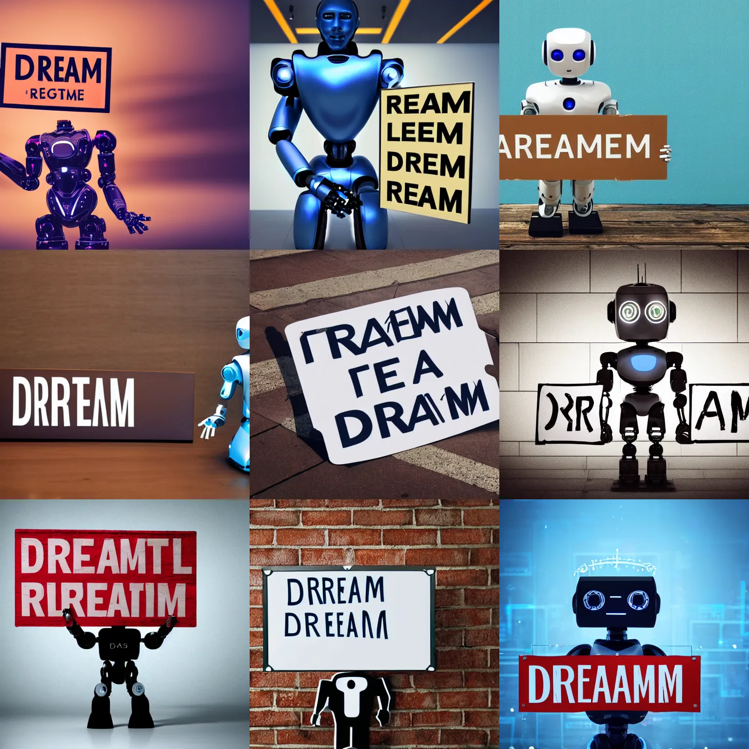 Image similar to artificial intelligence robot holding a sign with text that reads : dream