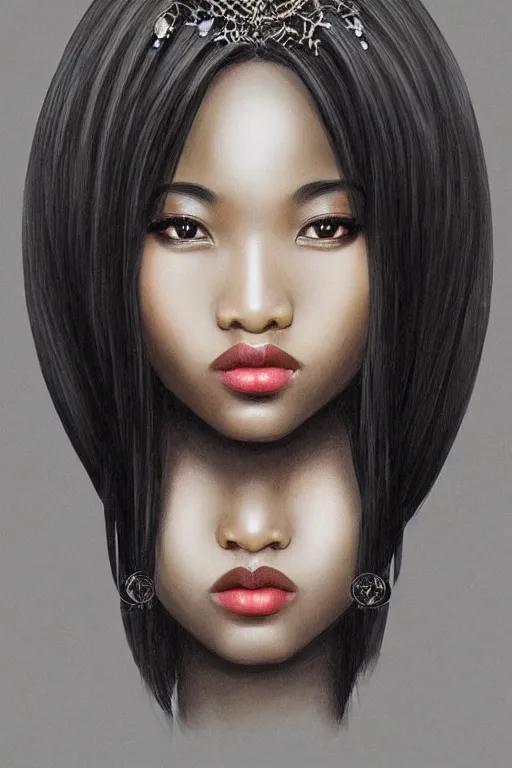 Prompt: A bust of a beautiful black skinned Japanese girl with large lips and smooth eyebrows and straight hair, HD, illustration, epic, fantasy, intricate, elegant, amazing detail, digital painting, artstation, concept art, smooth, sharp focus, illustration, art by Turine Tran