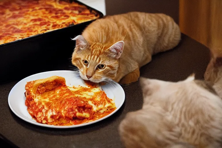 Image similar to large orange tabby cat eating lasagna by Emmanuel Lubezki