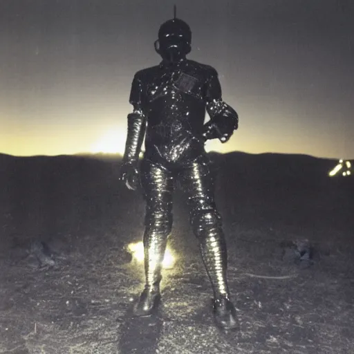 Image similar to photograph of a man clad in shining black metallic armor holding a piece of back wool, standing in front of a nuclear wasteland at night
