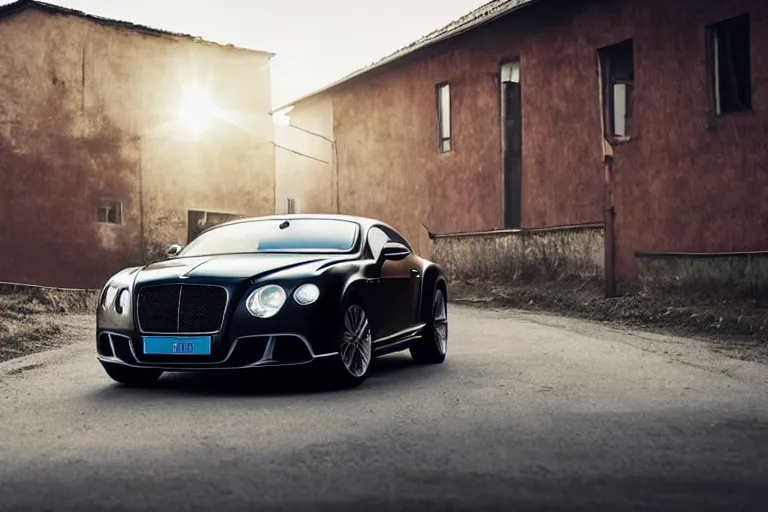 Image similar to modern rusty matte Bentley Continental GT without gloss no reflections drives along the road of an old Russian village with houses at the edges