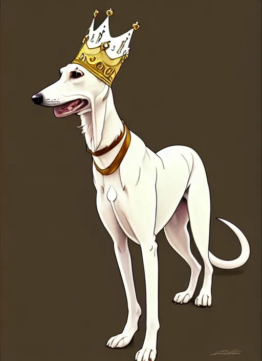 Image similar to cute white brown greyhound wearing paper crown, natural lighting, path traced, highly detailed, high quality, digital painting, by don bluth and ross tran and studio ghibli and alphonse mucha, artgerm