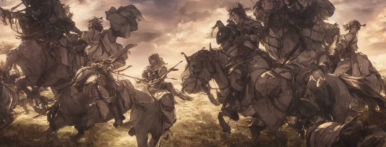 Image similar to calvary soldiers riding to their deaths on the battlefield. hyperrealistic anime background illustration by kim jung gi, extremely detailed faces, intricate linework, smooth, super sharp focus, bright colors, high contrast, matte, octopath traveler, studio ghibli, unreal engine 5 highly rendered, global illumination, radiant light