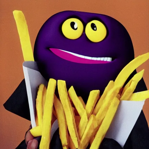 Prompt: real color photograph of grimace violently eating French fries