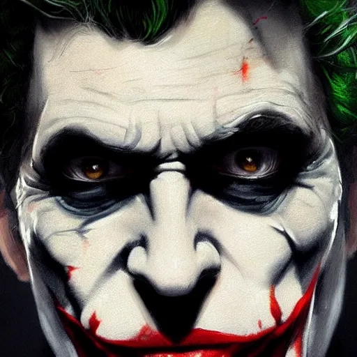 Image similar to very detailed masterpiece painting of the joker, portrait, artstation, concept art by greg rutkowski