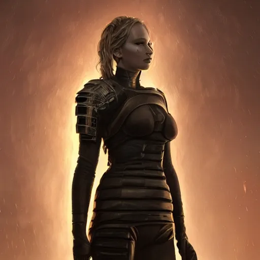 Image similar to jennifer lawrence portrait, dystopia core, apocalyptic, armor, warrior, dramatic, sharp focus, fiction, neon, fantasy, hyper detailed, digital art, trending in artstation, cinematic lighting, studio quality, smooth render, unreal engine 5 rendered, octane rendered, art style and nixeu and wlop and krenz cushart