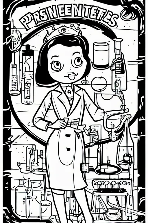 Prompt: princess scientist, chemistry, test tube, laboratory, in the colouring book style, black and white, disney, marvel, labcoat, tiara, cartoon,