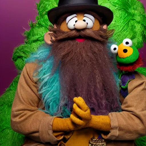 Image similar to an artificer dwarf muppet with a big beard and an obsession for gold and gems who loves to sleep on rocky terrain, sesame street, photograph, photography, ultrarealistic, national geographic