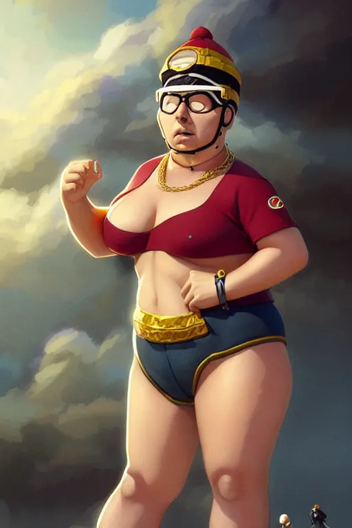 Image similar to eric cartman wearing cycling shorts and gold chains surrounded by beautiful women, elegant, real life skin, intricate, high detailed, artstation, concept art, smooth, sharp focus, art by artgerm and greg rutkowski