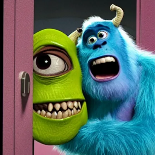 Image similar to movie still of monsters inc characters in a maximum security prison