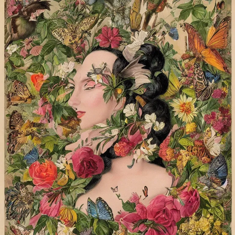 Prompt: vintage illustration, bizarre compositions, a beautiful woman blended with flowers, fruits, birds and butterflies, by beto val, john james audubon, exquisite detail