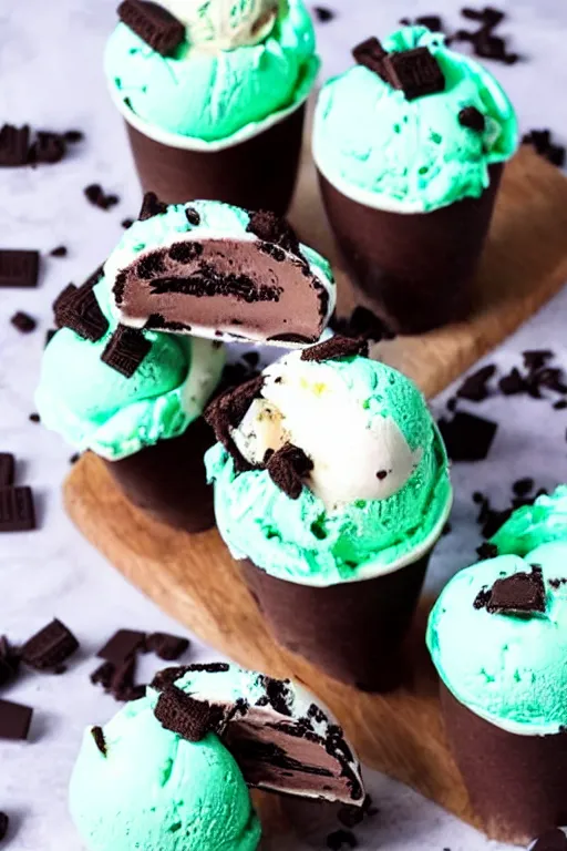 Image similar to refreshing white mint icecream with bits of oreo cookies inside, chocolate mint icecream