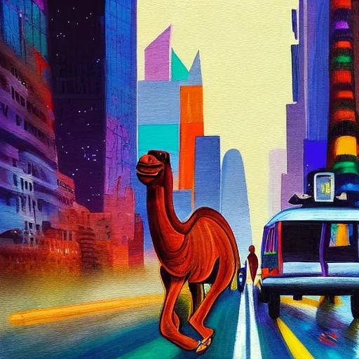 Image similar to “A colourful exotic camel caravan is traveling through the foggy streets of new york. It's nighttime. a futurism style painting ” W 832