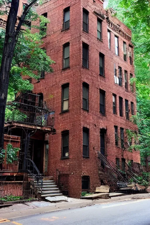 Image similar to (((((a ramshackle Manhattan brick brownstone deep in the forest))))) by Robin Tranl!!!!!!!!!!!!!!!!!!!!!!!!!!!