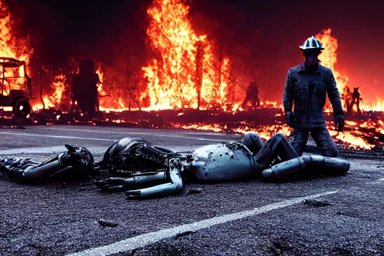 Prompt: vfx film closeup, dead robot couple on the ground holding hands, city street tire tracks fire. flat color profile low - key lighting award winning photography arri alexa cinematography, hyper real photorealistic cinematic atmospheric cool colorgrade