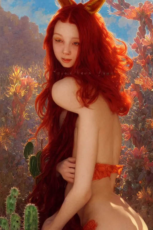 Prompt: Portrait of red-haired girl with fox ears and an evil grin in orange bikini holds a cactus cinematic lighting, intricate, elegant, highly detailed, digital painting, artstation, smooth, sharp focus, illustration, art by Yoshitaka Amano, artgerm and greg rutkowski and alphonse mucha and william-adolphe bouguereau