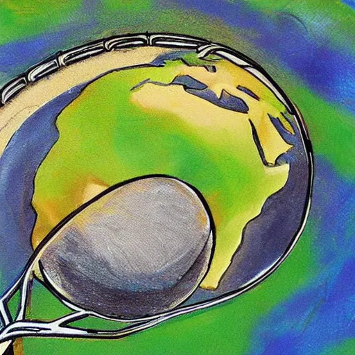Prompt: the earth on a tennis racquet, high detail