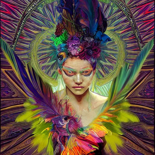 Image similar to A reality bending psychedelic ayahuasca experience, colorful, distorted, surreal, tropical bird feathers, dramatic lighting on the face, intricate, elegant, highly detailed, digital painting, concept art, smooth, sharp focus, illustration, art by Krenz Cushart and Wayne Barlowe and alphonse mucha