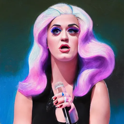 Image similar to oil painting katy perry lashes out at the media while wearing a pink - lemonade and sea blue skin - tight reflective dress, public freak - out, los angeles 2 0 1 5