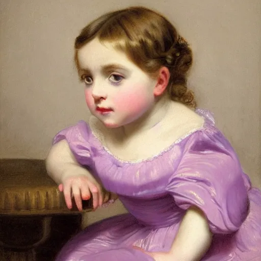 Image similar to portrait of a german toddler princess sitting down in a silk lavender gown, circa 1 8 3 7, by carl joseph begas, highly detailed, beautiful, oil on canvas, 1 8 3 0 s, romanticism