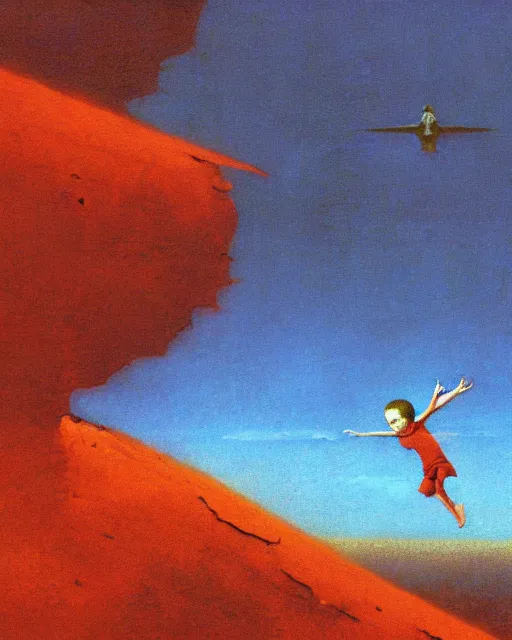 Image similar to early color photo of a scared boy flying in sky, Beksinski painting, max payne screenshot