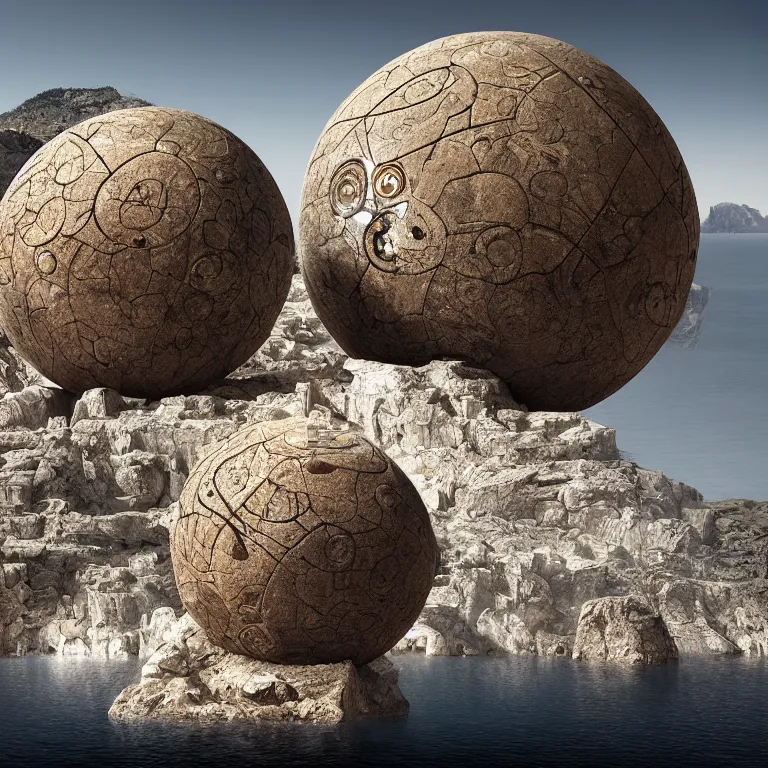 Prompt: photograph of a gigantic paleolothic sphere made of stone with highly detailed carvings of intricate shamanic robotic electronics and circuits, in a mediterranean lanscape, inside a valley overlooking the sea, by michal karcz, mediterranean island scenery, mediterranean vista