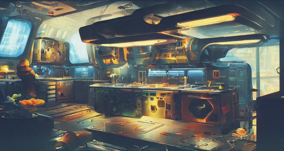 Image similar to IKEA catalogue photo of a cyberpunk kitchen on a spaceship, by Paul Lehr