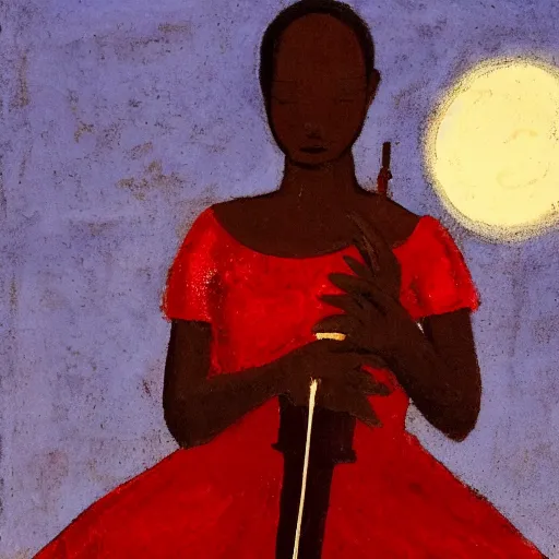 Prompt: sudanese woman with red dress sitting on copper armchair playing violin under the moonlight