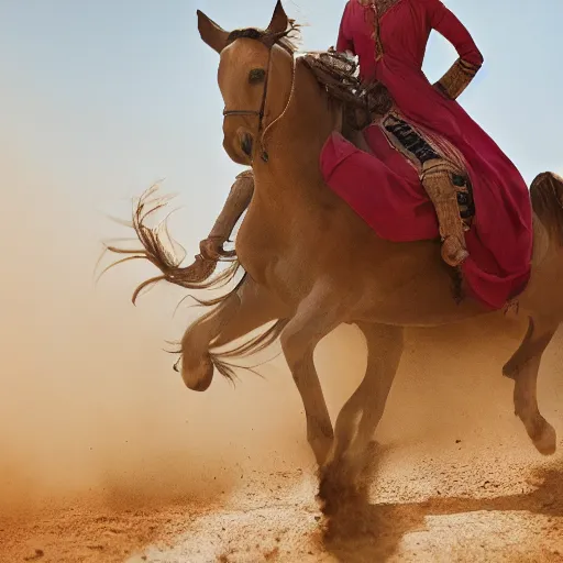 Image similar to ultra - photorealistic, middle eastern woman driving horse and handling weapon, dust, yellow cinematic, 4 k, 8 0 0 mm, uhd, vogue, winning photo of the year, sharp focus, intricate, hyperdetailed content