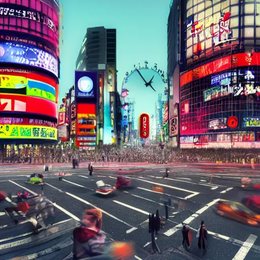 Image similar to shibuya crossing, psychedelic, spiral clock, octane render, 4K, HD