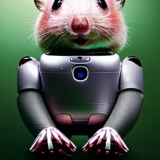 Prompt: uhd candid photo of a robotic android hamster. photo by annie leibowitz