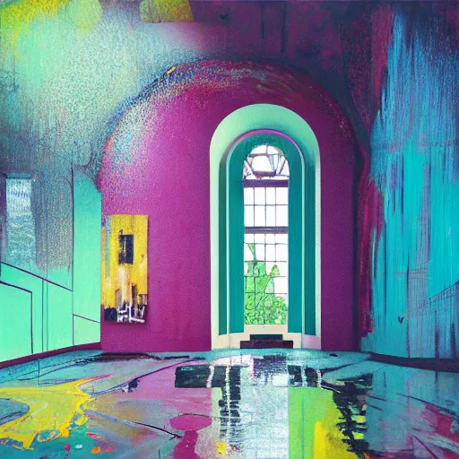 Prompt: 9 0 s interior with organic arched windows, rain like a dream, oil painting, volumetric lighting, cyberpunk, basquiat + francis bacon + gustav klimt + beeple, elevated street art, fantasy lut, textural, pink, blue, purple, green,