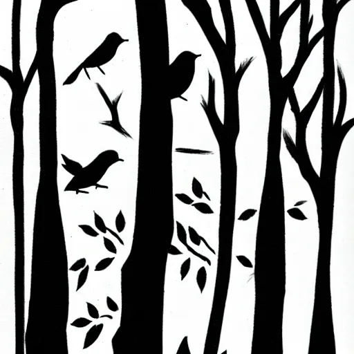 Image similar to zen, forest, birds, ink